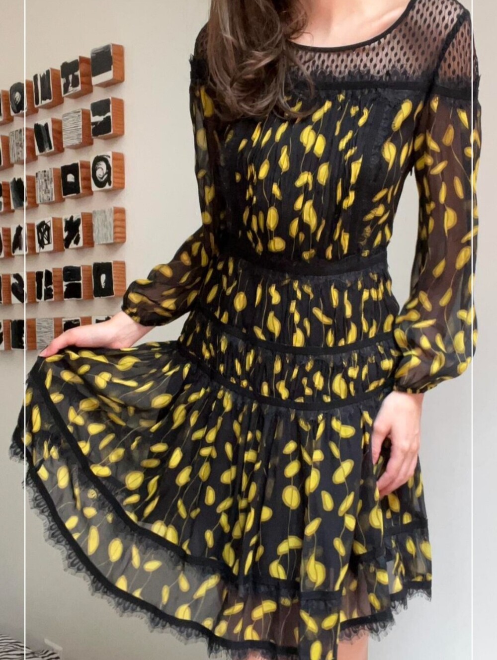 Diane Von Furstenberg Black Silk Sheer Dress with Yellow Leaf Motif